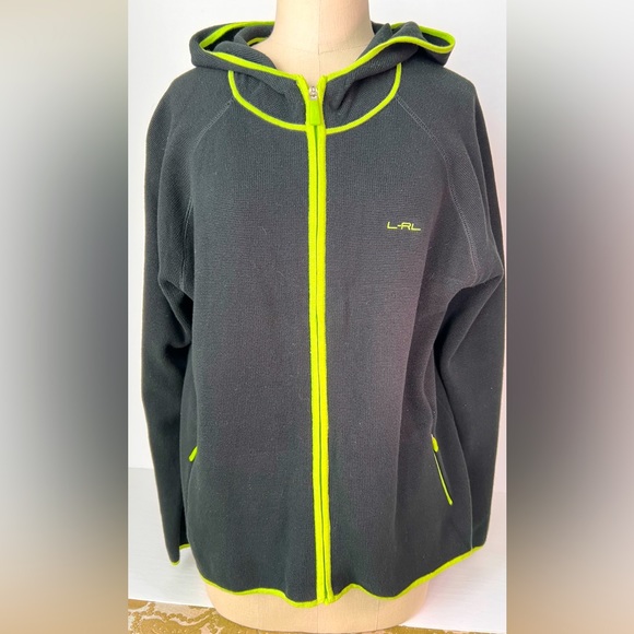 L-RL Lauren Active Ralph Lauren Black Cotton Zippered Hoodie w Lime Trim Size XL - Picture 1 of 6